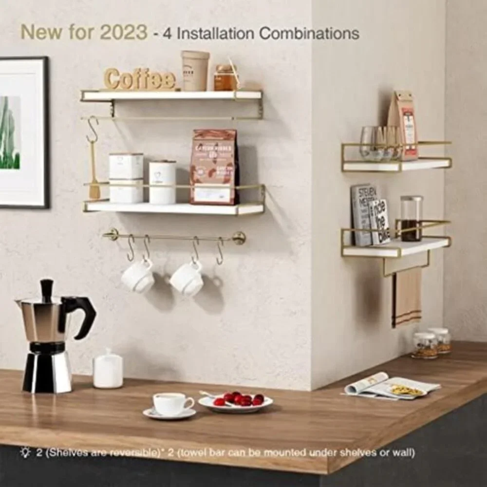 New Set of 2 Floating Bathroom Shelves, White & Gold Wall Organizer